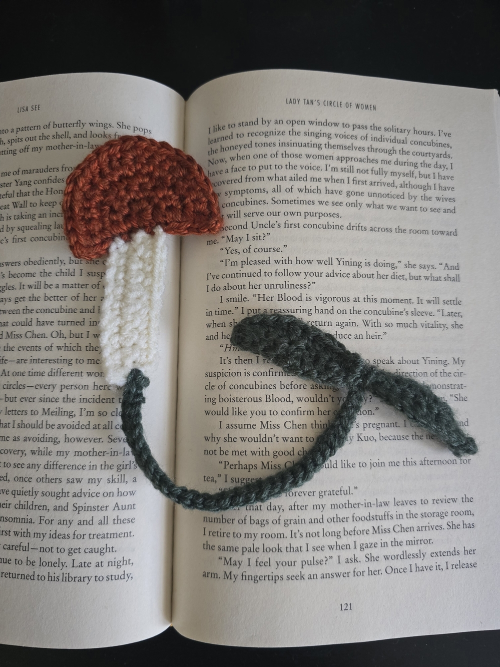 Handmade Crochet Mushroom Bookmark — Rust Cap, Cream Stem, Green Cord - Picture 4 of 4